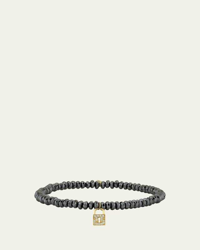 Hematite and 14K Gold Medium Keyhole Lock Diamond Charm Bracelet